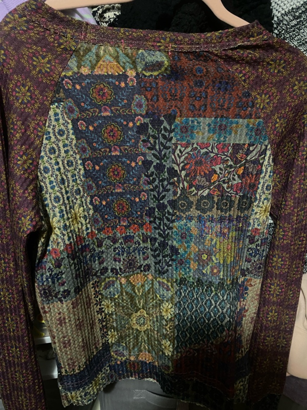 NATURAL LIFE Multicolor Patchwork Boho Pullover with Plum Sleeves - Picture 3 of 3